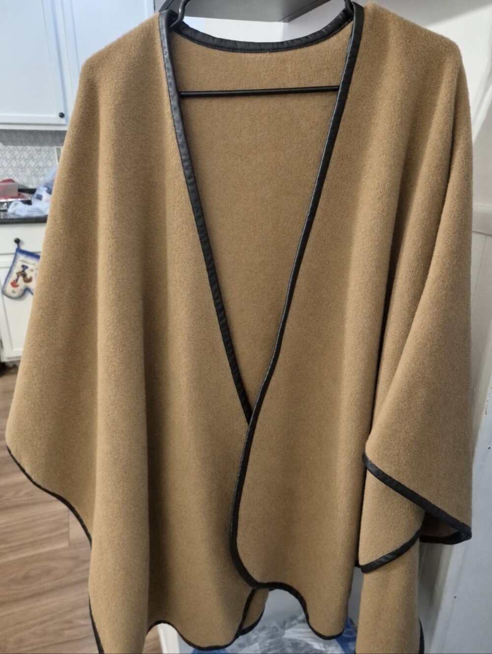 Sofia Cashmere Camel Wrap Poncho with Black Trim